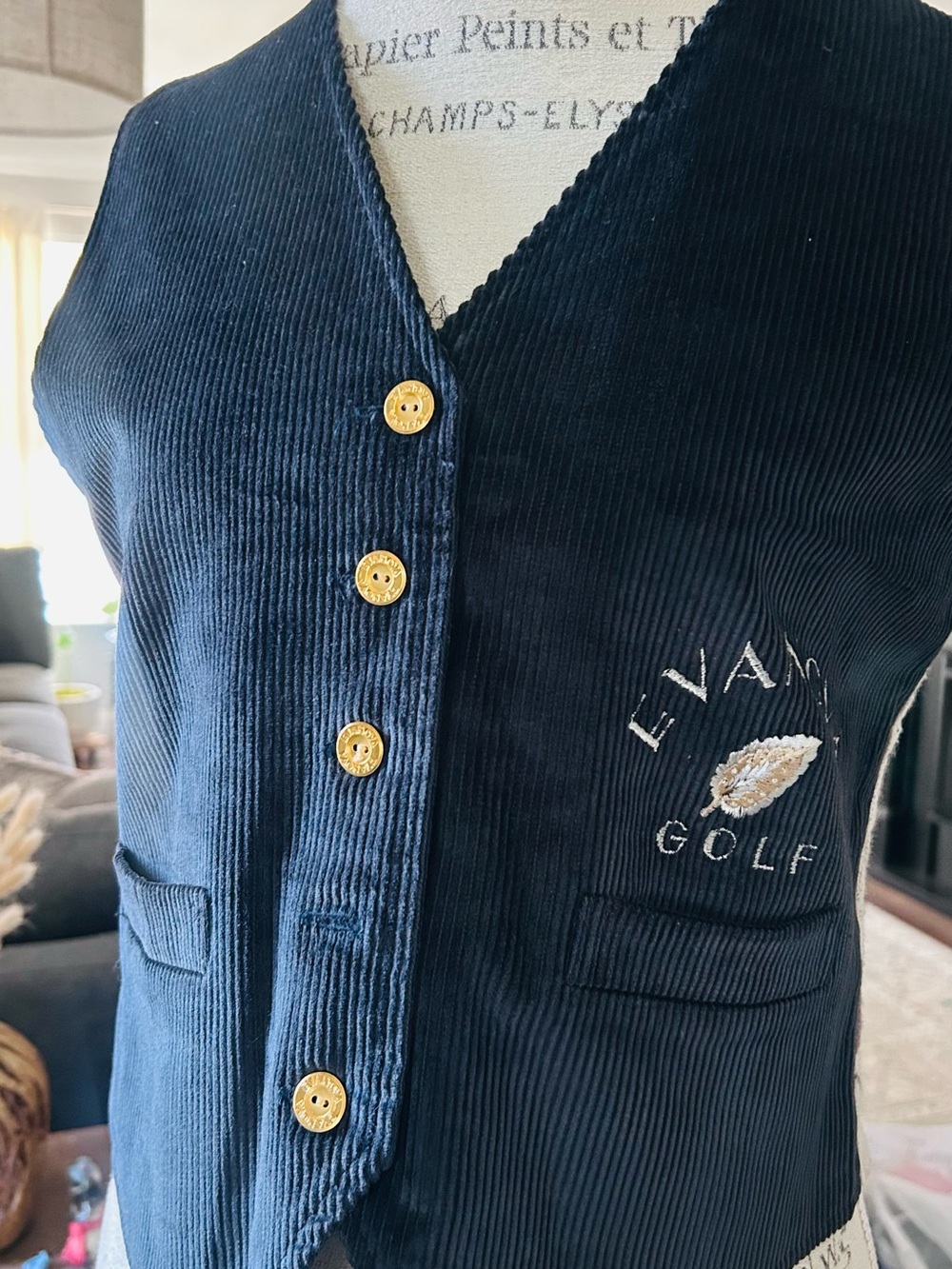 Vintage Evanova Golf Navy Corduroy Button Vest with Gold Buttons